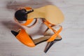 hand-made womens dance shoes made of genuine leather on the wooden surface Royalty Free Stock Photo