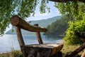 Hand made wooden bench on Baikal Lake coast Royalty Free Stock Photo