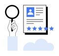 Hand holding magnifying glass analyzing profile document with star rating and cloud concept Royalty Free Stock Photo