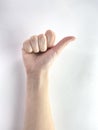 Hand make rang loose sign simbol on white background male female ok gestures finger Caucasian arm clo