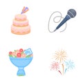 Hand making a cake with cream, a microphone with a cord, a bouquet of roses with a greeting card, a festive salute