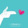 Hand making shape of pointed gun. Person holding Two fingers like a revolver. Love Bang. Pink Heart Shot in paper cut Royalty Free Stock Photo