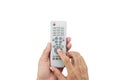 hand male asia holding tv remote control isolated on white background. Royalty Free Stock Photo
