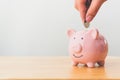 Hand of male or female putting coins in piggy bank. Concept saving money finance business investment Royalty Free Stock Photo