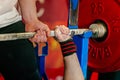 hand male powerlifter holding barbell in bench press Royalty Free Stock Photo