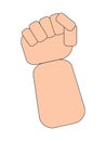 The hand of a man clenched into a fist is raised up on a white background. Male rage, a symbol of proletarian protest.