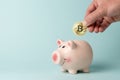 Hand of man drops Gold Bitcoin coin into pink piggy bank on blue background. Minimal investing concept Royalty Free Stock Photo