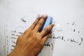 Hand of a man erasing the whiteboard. a hand holding a whiteboard eraser Royalty Free Stock Photo