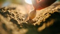 Hand of man farmer seeding onions in organic vegetable garden, Royalty Free Stock Photo