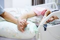 Hand of man hold hands with woman on the hospital bed Royalty Free Stock Photo