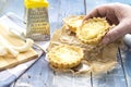 Hand man hold mini leek pie for eating Royalty Free Stock Photo