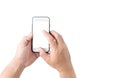 Hand man hold mobile phone with white screen Royalty Free Stock Photo