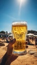 Hand of a man holding a backlit glass of beer Royalty Free Stock Photo