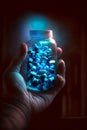 Hand of man holding blue pills in glass . Closeup of blue pills in one hand.