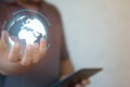 Hand man holding with earth virtual. Connection technology and digital marketing, Financial and banking Royalty Free Stock Photo