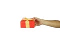 Hand of man holding a gift box on white background and have clipping paths Royalty Free Stock Photo