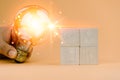 Hand of man holding illuminated light bulb and wood block with icon of sustainable business development. Idea innovation Royalty Free Stock Photo