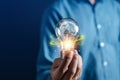 Hand man holding illuminated lightbulb, idea, Global innovation and inspiration with glowing virtual brain, smart intelligent Royalty Free Stock Photo