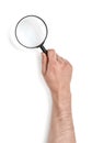 Hand of man holding the magnifying glass isolated on white background Royalty Free Stock Photo