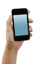 Hand of man holding modern smartphone or cell phone with blank display screen as copy space Royalty Free Stock Photo