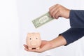 Hand of man holding pink piggy bank and put dollar banknote for saving isolated on white background, saving concept Royalty Free Stock Photo
