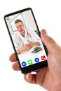 E-health: hand of a man holding Smartphone, mobile phone with calling icon in here,phone ,song,camera,and messaging,and Royalty Free Stock Photo