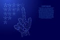 Hand man with index finger putting down rating stars from futuristic polygonal blue lines and glowing stars for banner, poster,