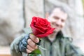 Hand of a man in leather gloves and handcuffs gives a red rose flower Royalty Free Stock Photo