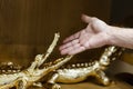 Hand man in mouth crocodile golden sculpture on on wooden table. Alligator statue