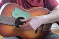 The hand of man playing guitar. Closeup. Musical concept