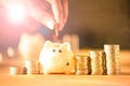 Hand man putting money coins into piggy bank for saving money concept. Money management is growing a business Royalty Free Stock Photo