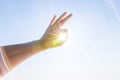 Hand of a man reaching to towards sky. Hand make symbol. Royalty Free Stock Photo