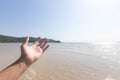 Hand of a man reaching to towards sky. Hand make symbol. Royalty Free Stock Photo