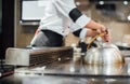 Hand of man take cooking of meat with vegetable grill Royalty Free Stock Photo