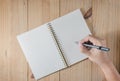 Hand of man use pencil writing on white notebook on wooden table Royalty Free Stock Photo