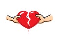 The hand of a man and the hand of a woman break the heart. Breakup heart concept. Crisis relationship divorce. Unhappy love,