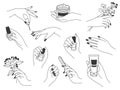Hand manicure and care. Female logos for nail cosmetics and beauty spa salon. Hands paint, file nails, holding polish and cream,