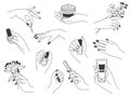 Hand manicure and care. Female logos for nail cosmetics and beauty spa salon. Hands paint, file nails, holding polish