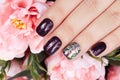 Hand with manicured nails colored with dark purple nail polish and pink peony flower Royalty Free Stock Photo