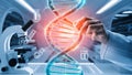 A hand manipulating a holographic DNA helix with biotech symbols (microscope, test tube) 2