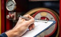 a hand marking a clipboard during a routine check of a fire water hose cabinet Royalty Free Stock Photo