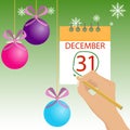 Hand marks the new year on the calendar on the wall. Thirty first of December. Hand with pen mark calendar.