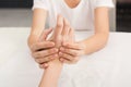 Hand massage closeup, acupressure Royalty Free Stock Photo