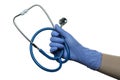 Hand in medical glove hold stethoscope, isolated on white background Royalty Free Stock Photo