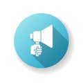 Hand with megaphone blue flat design long shadow glyph icon