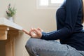 Hand of mental balance, asian young woman, girl practice sitting yoga in lotus position, meditating calm pose for meditation, Royalty Free Stock Photo