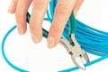 Hand with metal nippers and blue cable on white background, technology Royalty Free Stock Photo