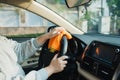 Hand with microfiber cloth cleaning seat, auto detailing and valeting concept, washing car care interior, selective focus Royalty Free Stock Photo
