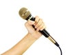 Hand with microphone isolated on white background