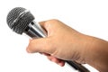 Hand with microphone isolated on white background. Microphone with hand isolated on white background Royalty Free Stock Photo